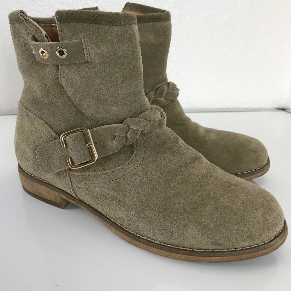 SKECHERS ankle block heel boots 8 womens beige sage suede leather western Boho